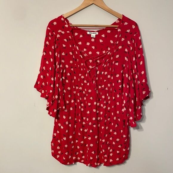 Billabong Flowy Tie Neck Red Floral Top Medium - Picture 2 of 9